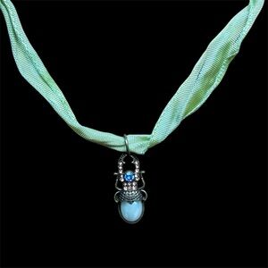 Scarab Beetle Pendant Necklace Blue Stone and Pearl